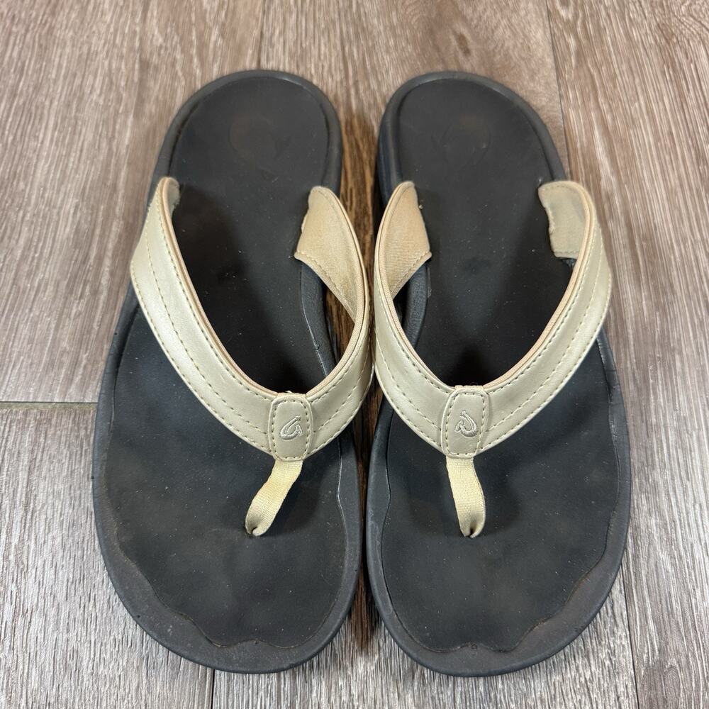 Olukai Ohana Flip Flops Gold Womens 8 Thong Vacation Resort Travel Arch Support